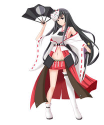  black_hair fan female japanese_clothes kubota_(oshiro_project) long_hair mask navel oshiro_project ribbon_trim shide solo wakizashi weapon 