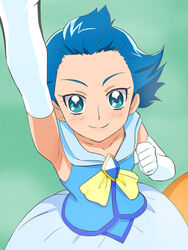  aqua_eyes arm_up armpits blue_hair blush elbow_gloves female gloves haruyama_kazunori jun_(mahou_girls_precure!) looking_at_viewer mahou_girls_precure! precure short_hair smile solo white_gloves 