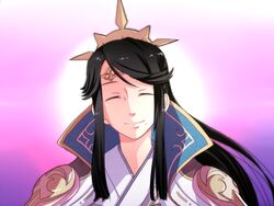  black_hair capelet closed_eyes comb commentary_request dress female fire_emblem fire_emblem_fates lips long_hair migihiza_(youtsuu_transmitter) mikoto_(fire_emblem) mole ponytail purple_sky sidelocks sky smile solo sun white_dress 