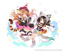  2girls animal_ears animal_hands animal_hood bad_id bad_twitter_id bandages black_eyes black_hair boots brown_eyes brown_hair byulzzi character_request claw_pose copyright_request dress fake_animal_ears gloves halloween hat high_heels hood hoodie long_hair multiple_girls oerba_yun_fang open_mouth paw_gloves paw_shoes shoes smile striped_clothes striped_thighhighs tail thighhighs tiger_ears traffic_cone traffic_cone_on_head twintails witch_hat wolf_ears 