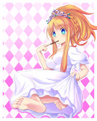  argyle_background bad_id bad_pixiv_id barefoot blonde_hair blue_eyes blush breasts dress eyebrows feet female food food_in_mouth high_ponytail highres medium_breasts nekomiyanono pink_background pocky ponytail princess_(sekaiju) princess_2_(sekaiju) puffy_sleeves sekaiju_no_meikyuu sekaiju_no_meikyuu_3 short_hair sidelocks sitting skirt_hold soles solo tiara toes white_dress yokozuwari 