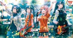  4girls :d arm_up black_necktie black_pants black_thighhighs black_vest blue_dress breasts character_name checkered_clothes checkered_skirt cigarette closed_mouth collar collarbone collared_shirt concert dress drumsticks electric_guitar grey_eyes grey_hair guitar hair_between_eyes hair_bun highres hiratsuka_shizuka holding holding_drumsticks holding_instrument holding_microphone indoors instrument long_hair long_sleeves looking_at_viewer looking_away medium_hair microphone multiple_girls necktie novel_illustration official_art open_mouth orange_shirt pants pink_hair ponkan_8 ponytail romaji_text shirt short_sleeves siblings sidelocks single_hair_bun single_side_bun sisters skirt smile standing sweat t-shirt thighhighs translation_request upper_body vest watch white_shirt wristwatch yahari_ore_no_seishun_lovecome_wa_machigatteiru. yuigahama_yui yukinoshita_haruno yukinoshita_yukino zettai_ryouiki 