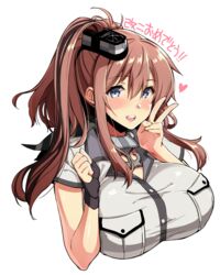  :d black_gloves blush breasts brown_hair commentary_request female fingerless_gloves gloves hair_between_eyes hat heart high_side_ponytail highres huge_breasts kantai_collection kekocha long_sleeves looking_at_viewer mini_hat open_mouth saratoga_(kancolle) saratoga_mk_ii_(kancolle) side_ponytail sidelocks single_glove smile solo translated transparent_background upper_body v 