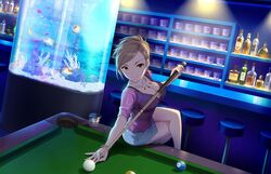  alcohol artist_request ball bar_(place) billiard_ball billiards bracelet braid breasts brown_eyes brown_hair cleavage counter crossed_legs cue_stick cup drink drinking_glass earrings female fish fish_tank french_braid glass hyodo_rena idolmaster idolmaster_cinderella_girls idolmaster_cinderella_girls_starlight_stage indoors jewelry jpeg_artifacts large_breasts light_smile looking_at_viewer necklace official_art pool_table pose side_slit sitting skirt smile solo stool table 