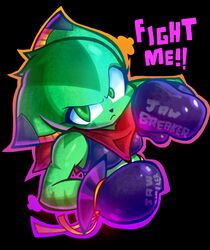  2016 anthro avoid_posting black_background boxing_gloves breasts carol_tea clothed clothing english_text evenytron felid feline felis female freedom_planet frown fur galaxytrail green_body green_eyes green_fur handwear mammal midriff scarf shirt simple_background solo tank_top text topwear wildcat 