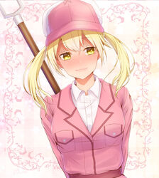  arms_behind_back baseball_cap blonde_hair blush breasts collared_shirt commentary_request dutch_angle eosinophil_(hataraku_saibou) female fur-trimmed_headwear fur_hat fur_trim hat hataraku_saibou jacket lips looking_away medium_breasts pink_jacket polearm sasumata shirt short_hair solo spear tata_kitu twintails upper_body ushanka wavy_mouth weapon yellow_eyes 