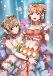  2girls :d air_bubble ajapar arm_around_shoulder armlet bracelet breasts brown_eyes brown_hair bubble cleavage commentary_request crop_top double_bun earrings fish gem gold_trim hair_bun hair_ornament hand_up highres hug jewelry kunikida_hanamaru looking_at_viewer love_live! love_live!_sunshine!! mermaid_costume midriff multiple_girls navel neck_ribbon necklace open_mouth orange_hair pearl_(gemstone) pink_shirt purple_eyes ribbon see-through see-through_sleeves shirt short_sleeves smile star_(symbol) star_hair_ornament starfish_earrings takami_chika underwater white_shirt yellow_ribbon 