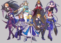  6+girls :d aqua_bow aqua_kimono arm_up armor armored_boots armored_dress artoria_pendragon_(fate) ayase_eli bandages banner belt black_dress black_footwear black_gloves black_hair black_hat black_thighhighs blonde_hair blue_bow blue_dress blue_eyes blue_hair blue_thighhighs bodysuit boots bow breasts breasts_apart brown_eyes brown_hair chains cleavage clothing_cutout commentary cosplay covered_navel detached_sleeves dress dual_wielding elbow_gloves facial_mark fate/grand_order fate_(series) floating_hair full_body gauntlets glasses gloves grey_background grey_gloves hair_between_eyes hair_ribbon hairbow hand_on_own_hip hat high_heels high_ponytail highres holding holding_sword holding_weapon hoshizora_rin jack_the_ripper_(fate/apocrypha) jack_the_ripper_(fate/apocrypha)_(cosplay) japanese_clothes jeanne_d&#039;arc_(fate) jeanne_d&#039;arc_(ruler)_(fate) jeanne_d&#039;arc_(ruler)_(fate)_(cosplay) kelinch1 kimono kiyohime_(fate) kiyohime_(fate)_(cosplay) koizumi_hanayo kosaka_honoka leg_up long_hair looking_at_viewer lord_camelot_(fate) love_live! love_live!_school_idol_project mash_kyrielight mash_kyrielight_(cosplay) medium_breasts medusa_(fate) medusa_(rider)_(fate) medusa_(rider)_(fate)_(cosplay) midriff military military_uniform minami_kotori multiple_girls nameless_dagger_(fate) navel navel_cutout nishikino_maki obi oda_nobunaga_(fate) oda_nobunaga_(koha-ace) oda_nobunaga_(koha-ace)_(cosplay) one_side_up open_mouth orange_eyes orange_hair polearm purple_eyes purple_hair purple_legwear red-framed_eyewear red_hair red_ribbon ribbon saber_(fate) saber_(fate)_(cosplay) sash scathach_(fate) scathach_(fate)_(cosplay) sheath sheathed short_dress simple_background sleeveless sleeveless_dress smile sonoda_umi spear standing stomach strapless strapless_dress sword tamamo_(fate) tamamo_no_mae_(fate/extra) tamamo_no_mae_(fate/extra)_(cosplay) thigh_boots thighhighs tojo_nozomi tube_dress twintails uniform very_long_hair visor_cap weapon white_background white_legwear yazawa_nico yellow_footwear 