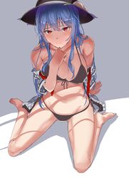  absurdres aged_up arm_support bikini bikini_under_clothes blue_hair blush breasts cleavage female food from_above front-tie_top fruit hat highres hinanawi_tenshi large_breasts long_hair neropaso peach red_eyes shadow sitting sweat swimsuit thighs touhou wariza 