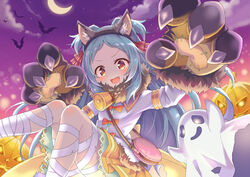  :d absurdres animal_ear_fluff animal_ears animal_hands bandaged_leg bandages bat_(animal) bell blue_hair blush commentary crescent fake_animal_ears female fur-trimmed_gloves fur_collar fur_trim gloves glowing glowing_eyes halloween highres jack-o&#039;-lantern lace_trim long_hair long_sleeves looking_at_viewer miyako_(halloween)_(princess_connect!) miyako_(princess_connect!) moon neck_bell night oerba_yun_fang open_mouth paw_gloves princess_connect! pumpkin smile solo v-shaped_eyebrows wolf_ears wolf_paws xuan_chu 