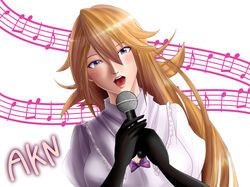  akane_(cookie) beamed_eighth_notes black_gloves blonde_hair blue_eyes blush breasts character_name cleavage commentary_request cookie_(touhou) eighth_note elbow_gloves eyebrows female gloves highres holding holding_microphone kirisame_marisa large_breasts looking_at_viewer microphone music musical_note open_mouth photoshop_(medium) quarter_note sakamochi singing smile solo staff_(music) touhou upper_body 