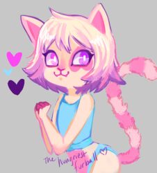  :3 beleth_(floraverse) clothing domestic_cat english_text felid feline felis female floraverse fur hair heart_symbol mammal pink_body pink_fur smile solo standing tastynibbles text white_beleth_(floraverse) white_hair 