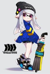  badge beanie black_hat black_shorts blue_hoodie blush button_badge closed_mouth closed_umbrella commentary_request dolphin_shorts drawstring ear_blush earrings female full_body hat hero_brella_(splatoon) holding holding_umbrella hood hood_down hoodie inkling inkling_(language) inkling_girl inkling_player_character jewelry long_hair maco_spl pink_eyes pointy_ears protected_link shadow short_shorts shorts smile solo splatoon_(series) splatoon_2 tentacle_hair umbrella white_hair zipper zipper_pull_tab 