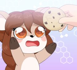  2016 alfa995 anthro brown_eyes brown_hair chibi cookie deer digital_media_(artwork) doe_(alfa995) duo female food hair heart_eyes heart_symbol humor long_hair mammal pun solo_focus visual_pun 