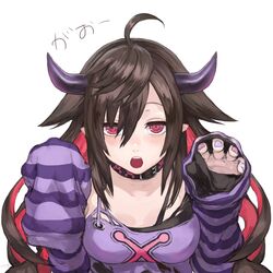  :o ahoge belt_collar black_collar black_shirt breasts brown_hair buckle claw_pose collar commentary demon_girl demon_horns expressionless female hair_between_eyes hair_flaps hands_up horns jitome long_hair looking_at_viewer medium_breasts multicolored_hair multicolored_nails nail_polish nijisanji open_mouth parted_bangs pink_nails pointy_ears purple_nails purple_shirt red_eyes red_hair ringed_eyes shirt shu-mai sidelocks simple_background sleeves_past_fingers sleeves_past_wrists solo striped teeth torn_clothes two-tone_hair upper_body upper_teeth_only virtual_youtuber white_background yamiyono_moruru yamiyono_moruru_(1st_costume) 