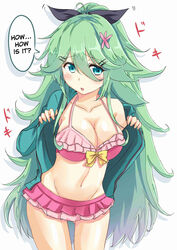  aqua_eyes bikini black_ribbon blue_jacket breasts chan_(akuty_ikkot) collarbone cosplay eromanga_sensei female flower green_hair hair_between_eyes hair_flower hair_ornament hair_ribbon hard_translated highres izumi_sagiri izumi_sagiri_(cosplay) jacket kantai_collection long_hair long_sleeves medium_breasts open_clothes open_jacket open_mouth pink_bikini pink_flower ribbon solo speech_bubble swimsuit translated yamakaze_(kantai_collection) 