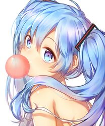  blue_eyes blue_hair chewing_gum commentary english_commentary female gamathx hair_between_eyes hair_ornament hatsune_miku highres long_hair off_shoulder portrait shiny_skin simple_background solo twintails vocaloid white_background 