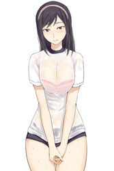  black_hair blush bra bra_visible_through_clothes breasts breasts_squeezed_together brown_eyes buruma commentary_request female full-face_blush gym_uniform hairband large_breasts long_hair looking_at_viewer ogros original own_hands_together pink_bra see-through shirt simple_background solo sweat sweaty_clothes underwear v_arms wet wet_clothes wet_shirt white_background 