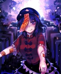  bad_id bad_twitter_id blue_eyes blue_hair female hat hat_ornament highres inactive_account licking_lips looking_at_viewer miyako_yoshika ofuda one_eye_covered outstretched_arms scar shan smile solo star_(symbol) star_hat_ornament stitches tongue tongue_out touhou upper_body zombie_pose 