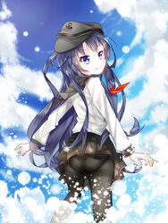  akatsuki_(kancolle) akatsuki_kai_ni_(kancolle) anchor_symbol ass black_hat black_pantyhose black_skirt blue_sky blush closed_mouth cloud cloudy_sky commentary_request day female fingernails flat_cap from_behind hat head_tilt highres kantai_collection long_fingernails long_hair long_sleeves looking_at_viewer looking_back messy_hair neckerchief outdoors panties panties_under_pantyhose pantyhose photoshop_(medium) pleated_skirt purple_eyes purple_hair red_neckerchief school_uniform serafuku shirt sideways_hat skirt sky smile solo standing sunlight tengxiang_lingnai underwear water_drop white_shirt 