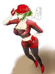  breasts cleavage commentary_request cosplay female female_protagonist_(pokemon_go) female_protagonist_(pokemon_go)_(cosplay) gloves green_hair haji_(hajiko) hat high_heels kazami_yuuka large_breasts midriff navel pantyhose pokemon pokemon_go red_eyes short_hair solo touhou translated 