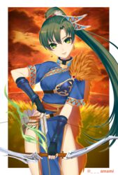  amami_(amami07) bad_id bad_twitter_id bow_(weapon) breasts dress earrings female fingerless_gloves fire_emblem fire_emblem:_the_blazing_blade fire_emblem_heroes gloves green_eyes green_hair high_ponytail jewelry long_hair looking_at_viewer lyn_(brave_lady)_(fire_emblem) lyn_(fire_emblem) medium_breasts ponytail smile solo very_long_hair weapon 