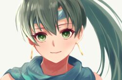  bandana closed_mouth earrings female fire_emblem fire_emblem:_the_blazing_blade green_eyes green_hair jewelry long_hair looking_at_viewer lyn_(fire_emblem) ponytail portrait satuki_(jo4pr8) simple_background smile solo white_background 