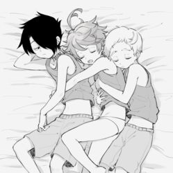  2boys ahoge bed bed_sheet closed_eyes closed_mouth commentary_request daidaiika emma_(yakusoku_no_neverland) female from_above from_side greyscale hair_over_one_eye hug hug_from_behind looking_at_another lying monochrome multiple_boys neck_tattoo norman_(yakusoku_no_neverland) number_tattoo open_mouth panties ray_(yakusoku_no_neverland) shirt short_hair shorts sleeping sleeveless sleeveless_shirt stomach tattoo thick_eyebrows underwear white_panties yakusoku_no_neverland 