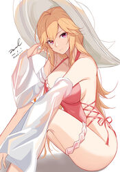  azur_lane bare_shoulders blonde_hair breasts bridal_garter casual_one-piece_swimsuit cross-laced_clothes cross-laced_one-piece_swimsuit detached_sleeves feet_out_of_frame female frilled_one-piece_swimsuit frills from_side hair_between_eyes halterneck hand_up hat highleg highleg_swimsuit knees_up large_breasts long_hair long_sleeves looking_at_viewer official_alternate_costume one-piece_swimsuit photoshop_(medium) pink_one-piece_swimsuit purple_eyes richelieu_(azur_lane) richelieu_(fleuron_of_the_waves)_(azur_lane) sideless_outfit sidelocks signature simple_background sitting smile solo sun_hat swimsuit thighs unel white_background white_hat 