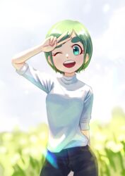  ;d absurdres blue_eyes blurry blurry_background denim female futomayu-chan_(sinohira_rin) green_hair hand_up highres jeans one_eye_closed open_mouth original outdoors pants shirt short_hair sinohira_rin smile solo thick_eyebrows v white_shirt 