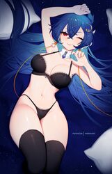  artist_name blue_hair bra breasts choker cloud9 commentary commission constellation dragon_girl dragon_horns english_commentary female hair_between_eyes highres horns large_breasts long_hair lying nanoless navel on_back one_eye_closed panties patreon_username pillow red_eyes smile solo thighhighs underwear very_long_hair vienna_(vtuber) virtual_youtuber watermark 