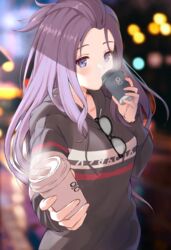  absurdres bangs_pinned_back blue_eyes blurry blurry_background commentary cup disposable_coffee_cup disposable_cup drinking eyewear_hang female file112056 giving glasses highres holding hood hoodie kagamihara_sakura long_hair looking_at_viewer opaque_glasses purple_hair solo steam unworn_eyewear yurucamp 