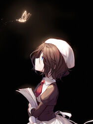  black_background blue_eyes brooch brown_hair bug butterfly closed_eyes collared_shirt commentary eyes_visible_through_hair female from_side hat hiragi_rin holding holding_paper jewelry juliet_sleeves long_sleeves paper papers puffy_sleeves shannon_(umineko) shirt sleeve_cuffs solo umineko_no_naku_koro_ni white_hat 