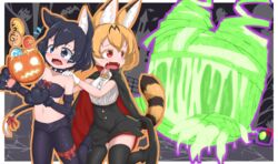  2girls anger_vein animal_ear_fluff animal_ears animal_hands bandages bandeau black_cape black_collar black_hair black_pants black_skirt black_thighhighs blonde_hair blue_eyes bow bowtie cape chis_(js60216) collar commentary ectoplasm elbow_gloves english_commentary fangs flying_sweatdrops food frown ghost gloves halloween halloween_bucket halloween_costume high-waist_skirt highres holding japari_bun kaban_(kemono_friends) kemono_friends kemonomimi_mode looking_back lucky_beast_(kemono_friends) mixed-language_commentary motion_lines multiple_girls navel night open_fly open_mouth orange_bow orange_bowtie orange_outline outdoors pants paw_gloves print_bow print_bowtie purple_outline red_cape red_eyes running scared serval_(kemono_friends) shirt short_hair skirt sleeveless sleeveless_shirt spiked_collar spikes standing striped_tail sweatdrop tail tearing_up thighhighs two-sided_cape two-sided_fabric white_gloves white_shirt wing_collar 