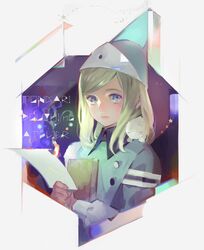  animal animal_on_shoulder blonde_hair blue_eyes book brushbug coco_(tongari_boushi_no_atelier) copyright_name female hat highres holding holding_book holding_paper long_hair looking_up nishihara_isao paper qifrey&#039;s_atelier_apprentice_uniform sleeping_animal solo tongari_boushi_no_atelier upper_body 