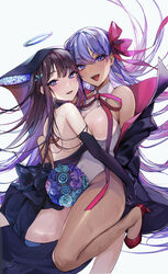  2girls ass back bare_shoulders bb_(fate) bb_(swimsuit_mooncancer)_(fate) bb_(swimsuit_mooncancer)_(third_ascension)_(fate) black_coat black_dress black_gloves black_headwear blue_eyes blunt_bangs blush breasts center_opening coat dark-skinned_female dark_skin dress elbow_gloves fate/grand_order fate_(series) gloves hair_ornament hair_ribbon high_heels highleg highleg_leotard highres hutuu_(1121) large_breasts leaf_hair_ornament leotard long_hair looking_at_viewer multiple_girls neck_ribbon open_clothes open_coat open_mouth popped_collar purple_eyes purple_hair red_ribbon ribbon simple_background smile tan thighs very_long_hair white_gloves white_leotard yang_guifei_(fate) yang_guifei_(third_ascension)_(fate) 