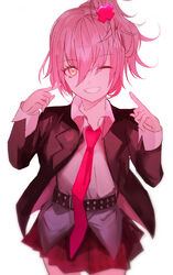  absurdres belt black_belt blazer brown_eyes brown_jacket collared_shirt commentary_request cowboy_shot female grin hair_between_eyes hair_ornament hands_up highres hinamori_amu jacket long_sleeves necktie one_eye_closed one_side_up open_clothes open_jacket pink_hair pink_necktie pleated_skirt red_skirt school_uniform seiyo_academy_school_uniform shirt shugo_chara! simple_background skirt smile solo studded_belt tarbo_(exxxpiation) white_background white_shirt 