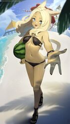  :d animal_ears beach bikini black_bikini blonde_hair blue_eyes blue_sky blurry breasts cat_ears cat_girl cat_tail commission dark-skinned_female dark_skin depth_of_field facial_mark female final_fantasy final_fantasy_xiv food fruit full_body halterneck highres long_hair looking_at_viewer medium_breasts miqo&#039;te navel ocean oerba_yun_fang outdoors palm_leaf sky smile stomach swimsuit tail tostantan tree_shade warrior_of_light_(ff14) watermelon whisker_markings wristband 