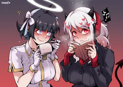  2girls ? angel angel_and_devil artist_name azazel_(helltaker) black_hair blue_eyes blunt_bangs blush book bow breasts collarbone collared_shirt commentary demon_girl demon_horns demon_tail english_commentary full-face_blush gloves hair_ribbon hairbow halo headphones heart heart-shaped_pupils helltaker holding holding_book holding_notepad holding_pen horns large_breasts left-handed long_hair long_sleeves looking_at_viewer mibry_(phrysm) modeus_(helltaker) multiple_girls musical_note notepad pen red_eyes ribbed_sweater ribbon shirt short_hair speech_bubble spoken_musical_note sweatdrop sweater symbol-shaped_pupils tail turtleneck turtleneck_sweater upper_body white_bow white_gloves white_hair white_ribbon white_shirt 