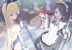  3girls absurdly_long_hair absurdres animal_ears applepie_(12711019) apron aris_(blue_archive) aris_(maid)_(blue_archive) black_dress black_hair blonde_hair blue_archive blue_eyes blue_halo blue_leotard breasts bucket checkered_floor commentary detached_collar dress duster fake_animal_ears fake_tail frilled_apron frills halo highres leotard long_hair looking_at_viewer maid maid_apron maid_headdress medium_breasts multiple_girls official_alternate_costume open_mouth parted_lips peroro_(blue_archive) puffy_short_sleeves puffy_sleeves purple_eyes rabbit_ears rabbit_tail red_hair short_sleeves smile strapless strapless_leotard symbol-only_commentary tail toki_(blue_archive) toki_(bunny)_(blue_archive) v very_long_hair white_apron wrist_cuffs yellow_halo yuzu_(blue_archive) yuzu_(maid)_(blue_archive) 