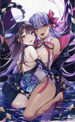  2girls ass back bare_shoulders bb_(fate) bb_(swimsuit_mooncancer)_(fate) bb_(swimsuit_mooncancer)_(third_ascension)_(fate) black_coat black_dress black_gloves black_headwear blue_eyes blunt_bangs blush breasts center_opening coat dark-skinned_female dark_skin dress elbow_gloves fate/grand_order fate_(series) gloves hair_ornament hair_ribbon highleg highleg_leotard highres hutuu_(1121) large_breasts leaf_hair_ornament leotard long_hair looking_at_viewer multiple_girls neck_ribbon open_clothes open_coat open_mouth popped_collar purple_eyes purple_hair red_ribbon ribbon smile tan tentacle thighs very_long_hair water white_gloves white_leotard yang_guifei_(fate) yang_guifei_(third_ascension)_(fate) 