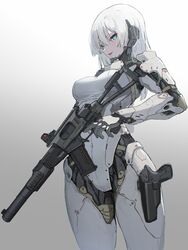  absurdres as_val assault_rifle blue_eyes breasts cyborg eyelashes female gun handgun highres holding holding_gun holding_weapon holster kalashnikov_rifle long_eyelashes medium_hair oota_youjo original power_suit rifle science_fiction solo suit thigh_holster trigger_discipline weapon white_background white_hair white_suit 