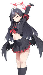  ^_^ ahoge arm_up black_hair black_serafuku black_skirt black_socks black_wings blue_archive closed_eyes female hair_ornament hairclip halo highres ichika_(blue_archive) kandori kneehighs long_hair low_wings midriff navel neckerchief pleated_skirt red_neckerchief school_uniform serafuku simple_background skirt socks solo standing stretching white_background wings 