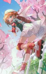  absurdres backpack bag cardcaptor_sakura commentary_request female fingerless_gloves gloves hat highres inline_skates jyuma kinomoto_sakura lolicon outdoors roller_skates school_uniform skates skirt tomoeda_elementary_school_uniform tree white_headwear white_skirt 