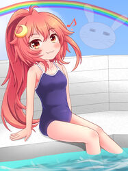  :3 arm_support bare_arms bare_shoulders blue_one-piece_swimsuit blush closed_mouth commentary_request crescent crescent_hair_ornament day eighth_note fang_out female hair_between_eyes hair_ornament heart high_ponytail kantai_collection long_hair looking_at_viewer md5_mismatch musical_note new_school_swimsuit oerba_yun_fang one-piece_swimsuit outdoors ponytail rainbow red_eyes red_hair school_swimsuit sidelocks sills solo swimsuit uzuki_(kancolle) very_long_hair water 