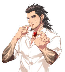  1boy beard black_hair candy casual chocolate collared_shirt facial_hair final_fantasy final_fantasy_xv food gladiolus_amicitia heart heart-shaped_chocolate hinoe_(dd_works) holding holding_chocolate holding_food licking licking_finger looking_at_viewer male_focus medium_hair partially_unbuttoned scar scar_across_eye shirt smile solo upper_body white_shirt 