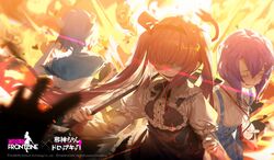  3girls absurdres artist_request black_hairband black_ribbon blue_dress blue_hair breasts closed_eyes commentary company_name copyright_name cow_horns crowbar crying debris dress elid_(girls&#039;_frontline) english_commentary evil_smile explosion eye_trail eyepatch facing_viewer frills girls&#039;_frontline gothic_lolita hair_between_eyes hairband hanazono_yurine hat highres holding holding_another&#039;s_arm holding_crowbar horns jashin-chan_dropkick large_breasts light_trail lolita_fashion long_hair long_sleeves medical_eyepatch medusa_(jashin-chan_dropkick) mini_hat mini_top_hat minos_(jashin-chan_dropkick) monster_girl multiple_girls multiple_others neck_ribbon official_art open_mouth puffy_long_sleeves puffy_sleeves purple_hair red_hair ribbon shaded_face shirt short_hair sleeves_rolled_up smile top_hat twintails very_long_hair wavy_mouth white_shirt 