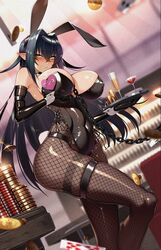  annerose_vajra black_gloves black_hair black_leotard blush breasts card chains clenched_teeth cluseller collar covered_navel covered_nipples cup drinking_glass female fishnets gloves hair_between_eyes hair_intakes indoors koutetsu_no_majo_annerose large_breasts leotard long_hair looking_at_viewer side-tie_leotard skindentation solo standing standing_on_one_leg table teeth thigh_strap tray wine_glass wrist_cuffs yellow_eyes 