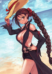  absurdres beach black_skirt black_sleeves bow braid breasts brown_eyes brown_hair cleavage closed_mouth cowboy_shot criss-cross_halter day dutch_angle earrings fate/grand_order fate_(series) female glasses hair_ornament hairbow hairclip halterneck hand_on_own_hip hat highres holding holding_clothes holding_hat jewelry large_breasts long_hair looking_at_viewer outdoors red_bow revision sabamiso_taro skirt solo standing sun_hat unworn_hat unworn_headwear water yu_mei-ren_(fate) yu_mei-ren_(festival_outfit)_(fate) 