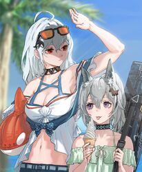  2girls :p ahoge animal_ears arknights arm_up armpits bag bare_shoulders black_choker blue_bow blue_sky bow breasts choker cleavage collar collarbone day eyewear_on_head food grani_(arknights) green_shirt grey_hair hair_between_eyes height_difference highres holding holding_food horse_ears horse_girl horse_hair_ornament ice_cream ice_cream_cone infection_monitor_(arknights) inflatable_orca inflatable_toy long_hair looking_away looking_to_the_side medium_breasts multiple_girls navel off-shoulder_shirt off_shoulder official_alternate_costume orange-tinted_eyewear orca_hair_ornament outdoors palm_tree polka_dot polka_dot_bow ponytail purple_eyes red_eyes shading_eyes shirt skadi_(arknights) skadi_(waverider)_(arknights) sky smile stomach sunglasses tinted_eyewear tongue tongue_out tree white_hair xia_oekaki 